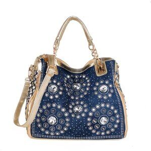 ❤️ Denim Women Shoulder Bag Crystal Rhineston Jeans Crossbody Ladies Tote Bag
